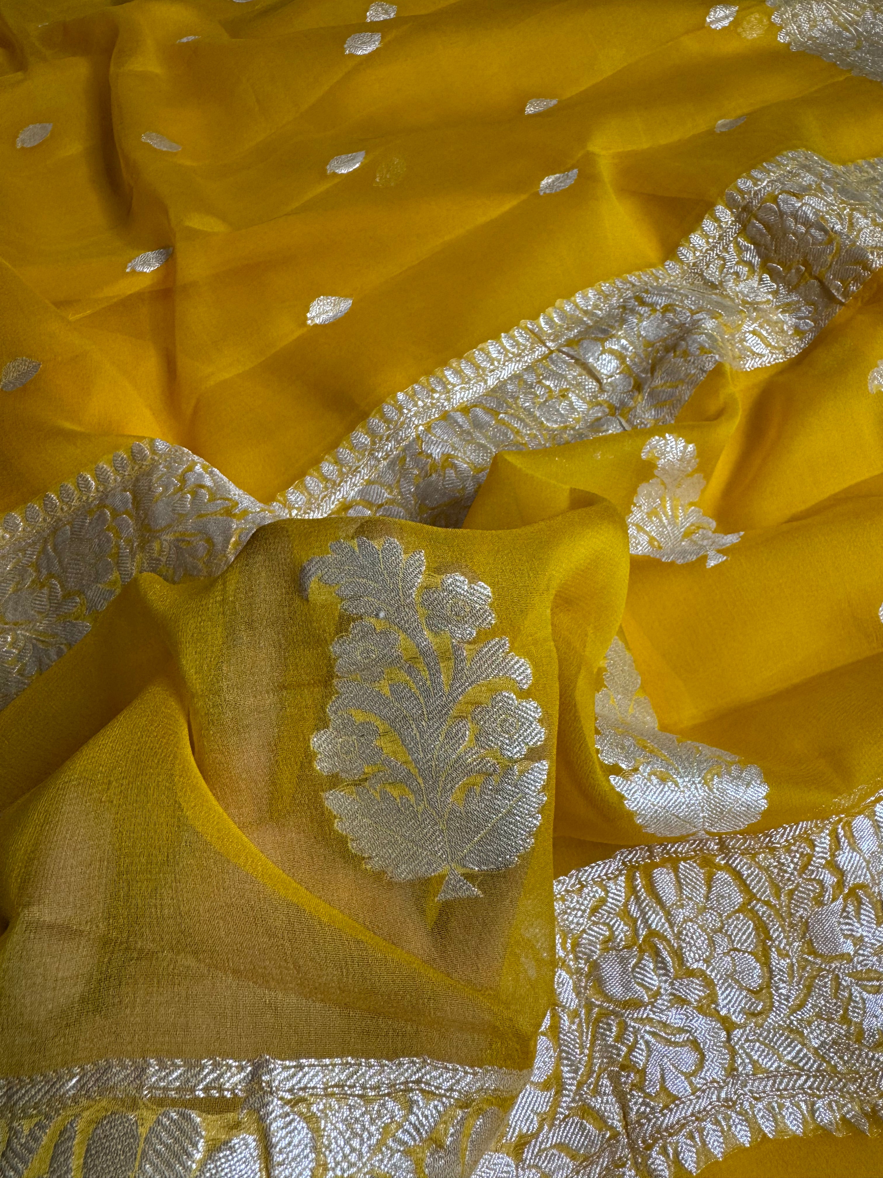 Mustard Yellow Pure Khaddi Chiffon Silk Banarasi Saree
