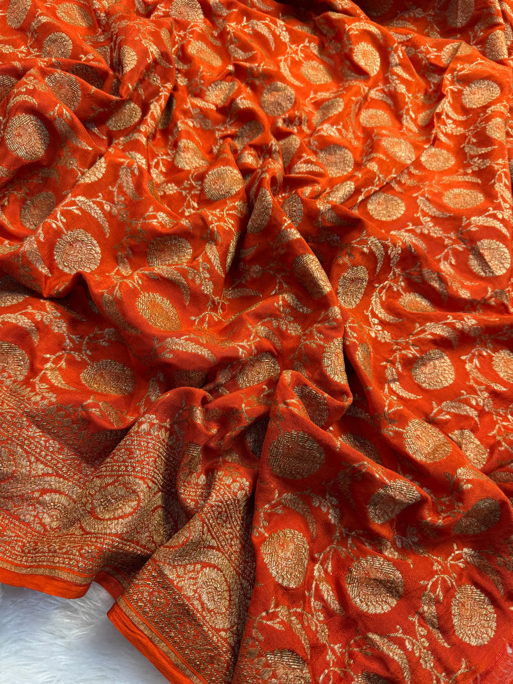 Rust Pure Khaddi Crep Silk Banarasi Saree