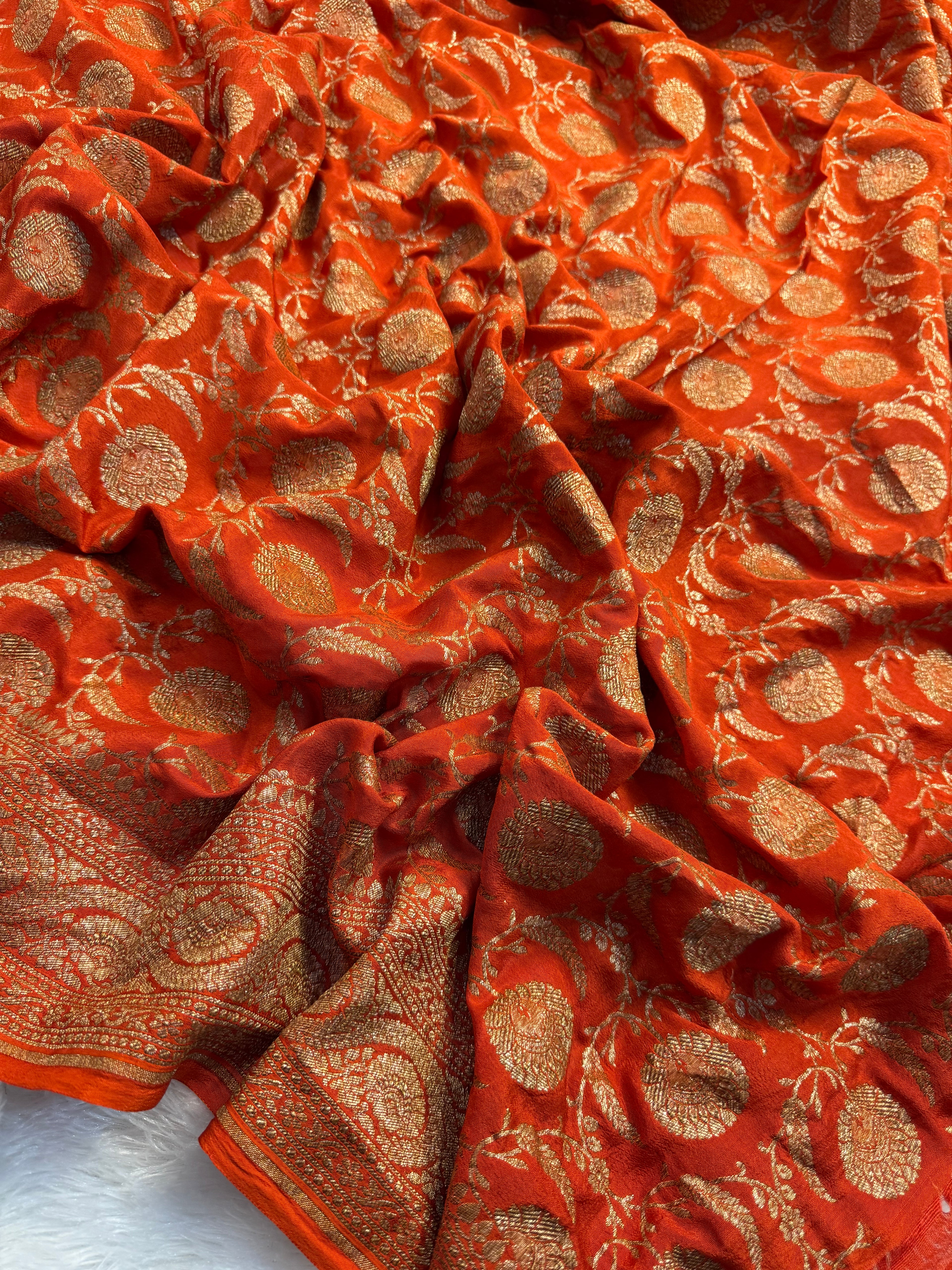 Rust Pure Khaddi Crep Silk Banarasi Saree