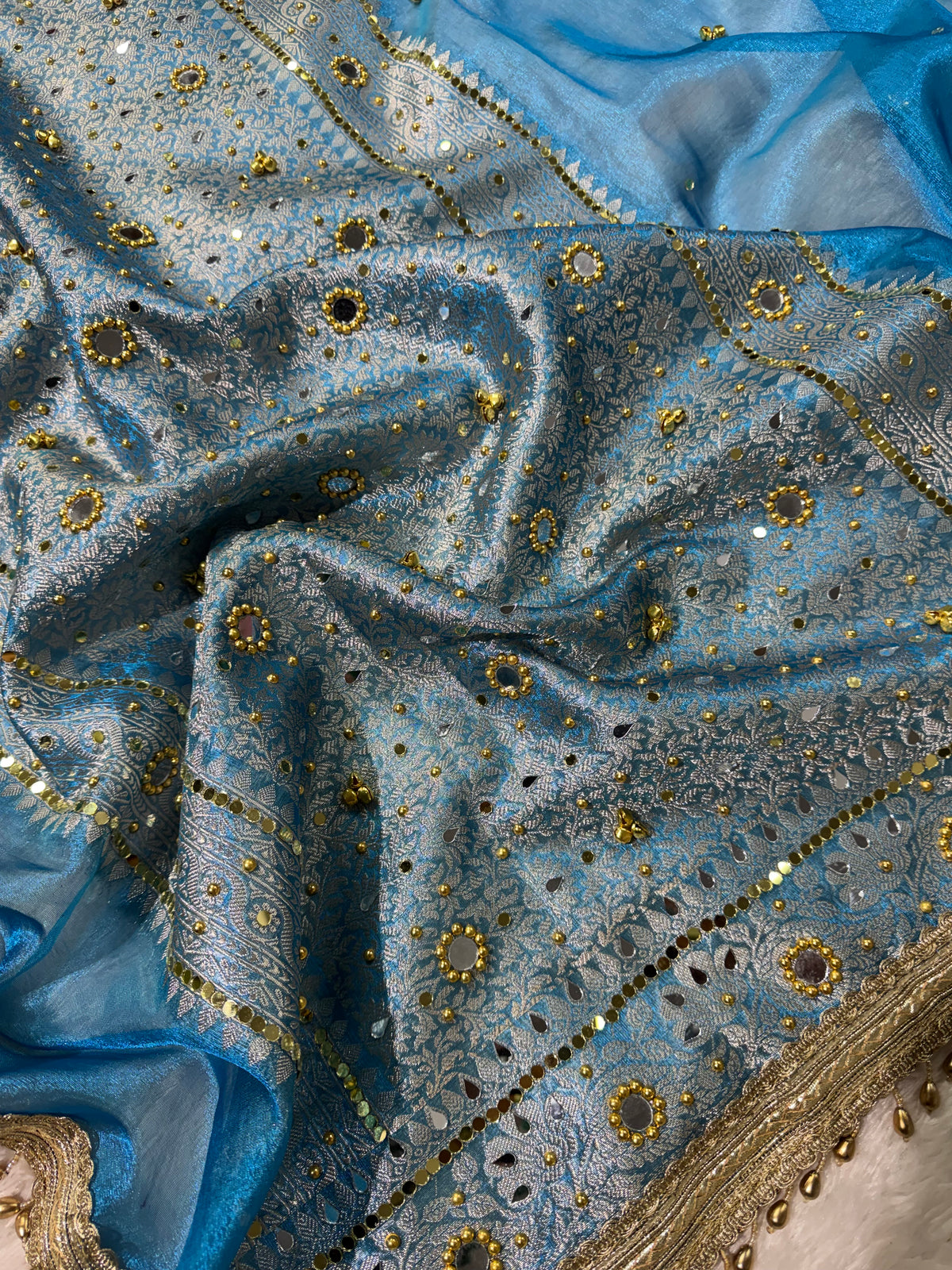 Peacock Tissue Silk Banarasi Saree With Ghungroo & Mirror Work Designer Border Lace Saree