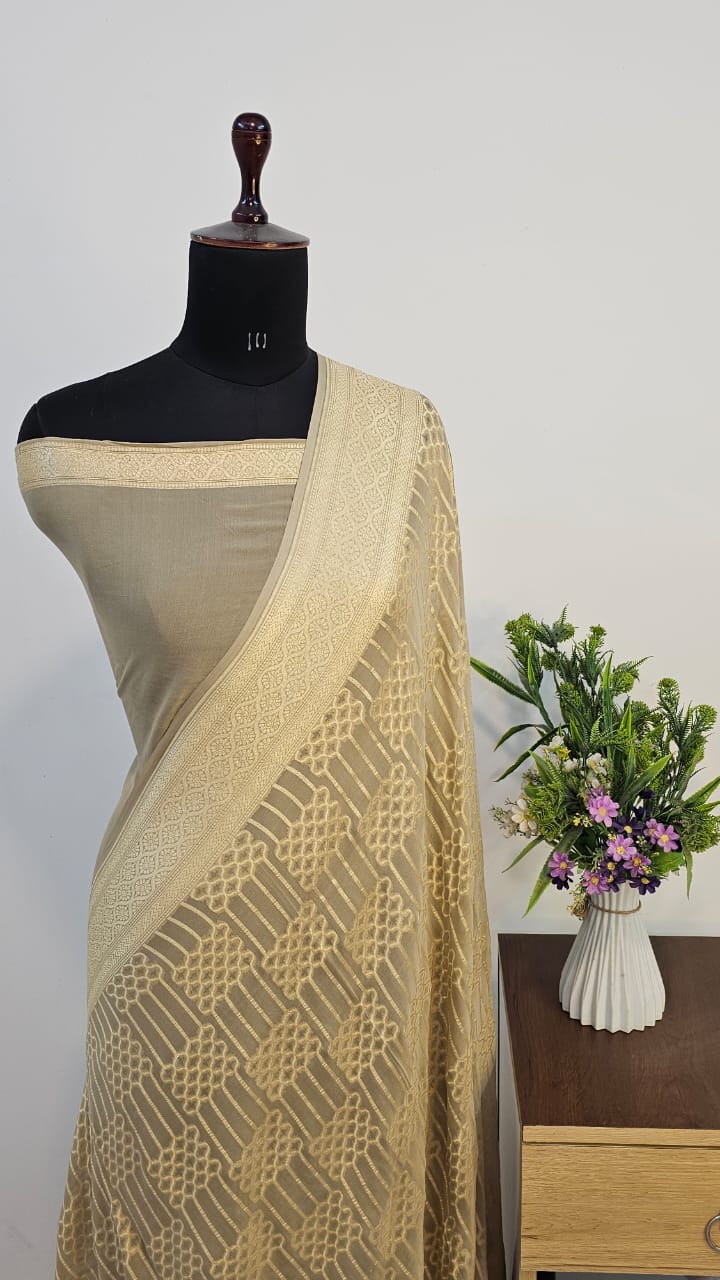 Dusty Pure Khaddi Georgette Silk Banarasi Saree