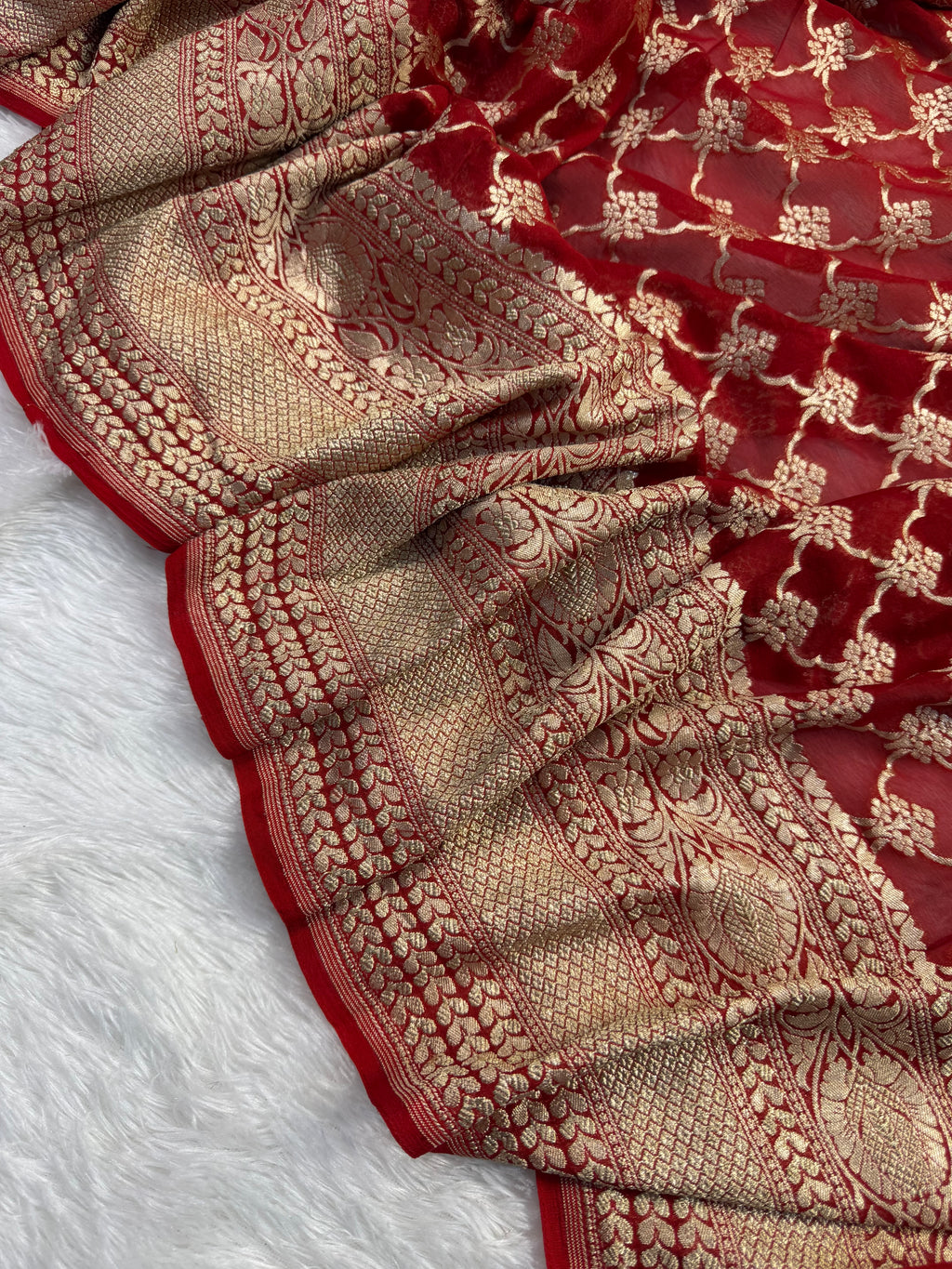 Rust Orange Pure Khaddi Georgette Silk Banarasi Saree