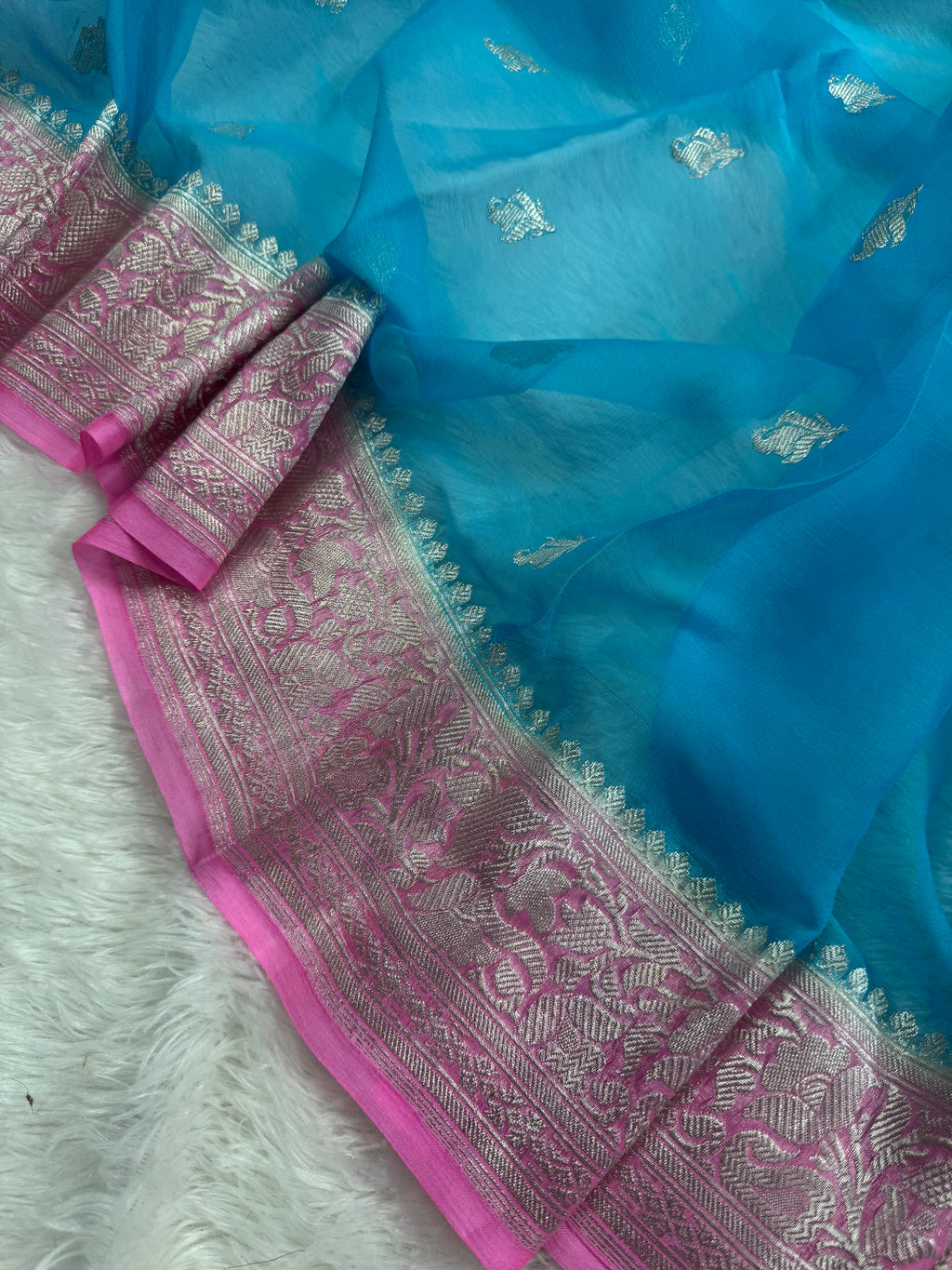 Firozi & Pink Pure Khaddi Chiffon Silk Banarasi Saree