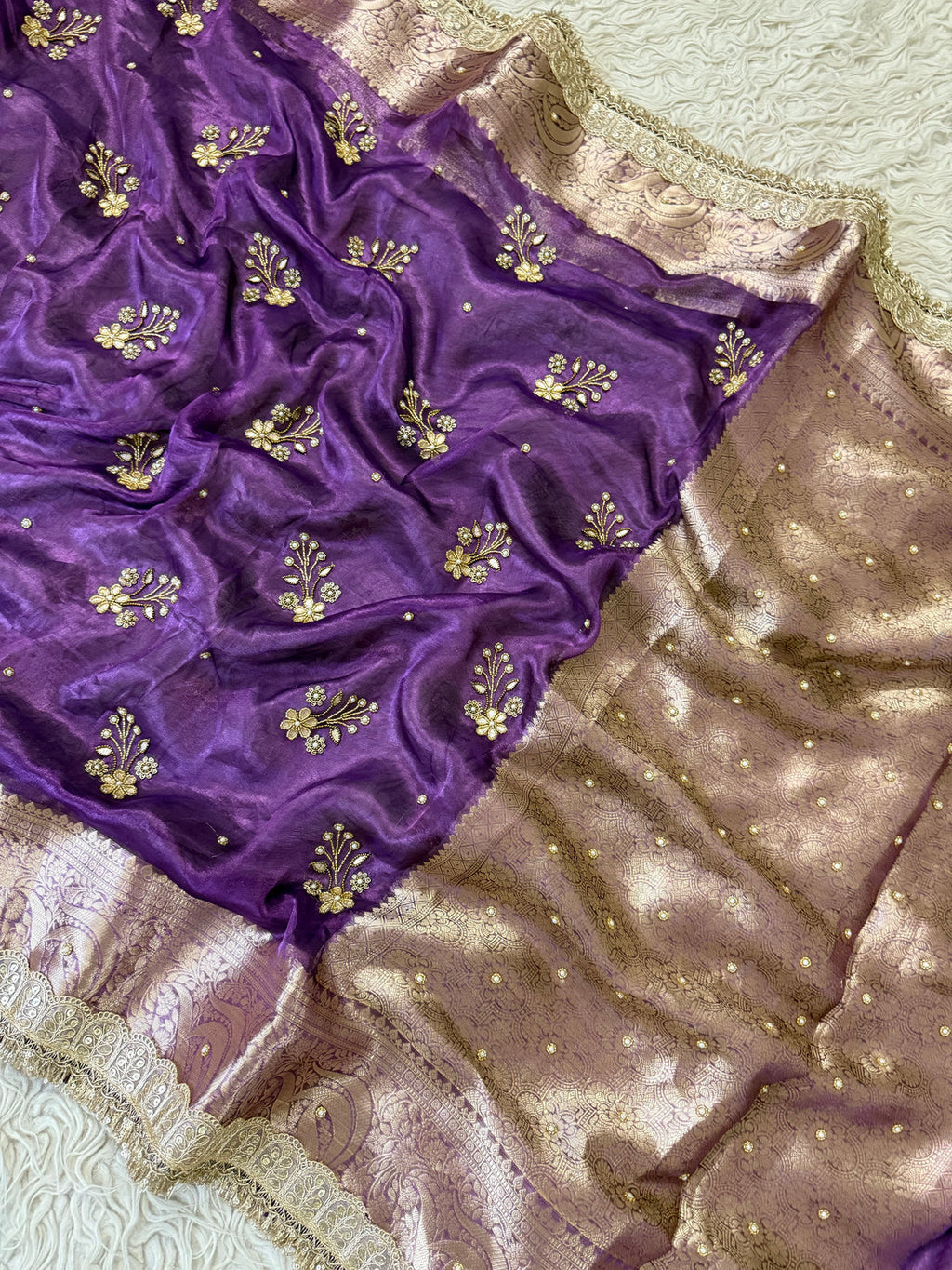 Purple Pure Banarasi Tissue Saree with Hand Work on all over Body with Intricate Border and Pallu Design Along with Gotta Patti Lace Work