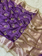 Purple Pure Banarasi Tissue Saree with Hand Work on all over Body with Intricate Border and Pallu Design Along with Gotta Patti Lace Work