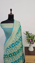 Aqua Blue Rangkat Pure Khaddi Georgette Silk Banarasi Saree