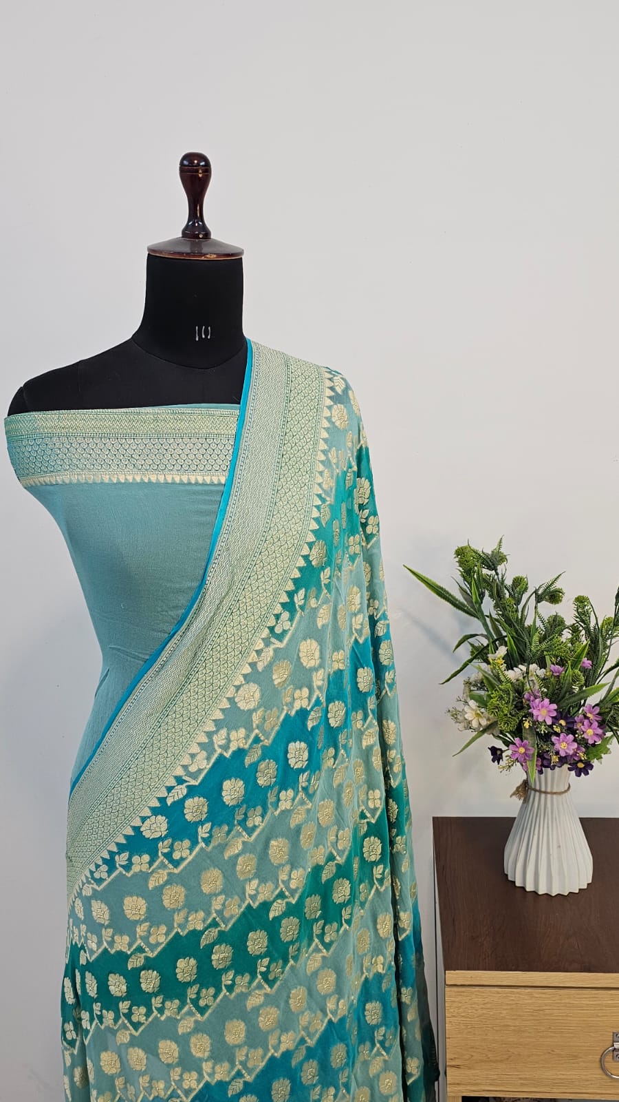 Aqua Blue Rangkat Pure Khaddi Georgette Silk Banarasi Saree