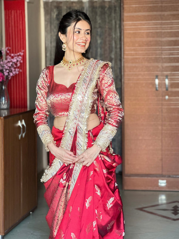 Maroon Red Banarasi Nazakat Soft Silk Saree