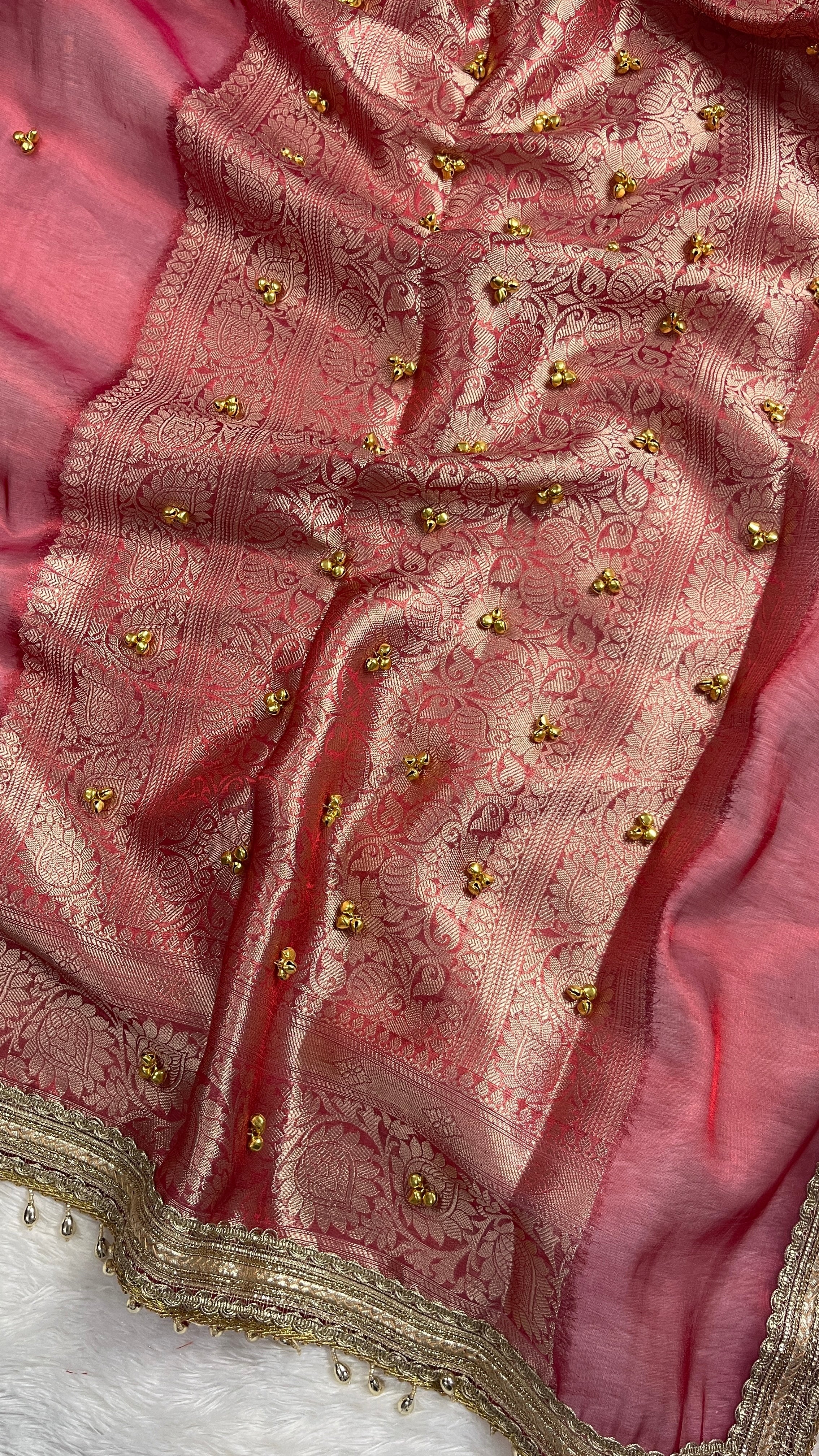 Red Tissue Silk Saree With Golden Ghungroo Butti Work & Luxury Lace Border
