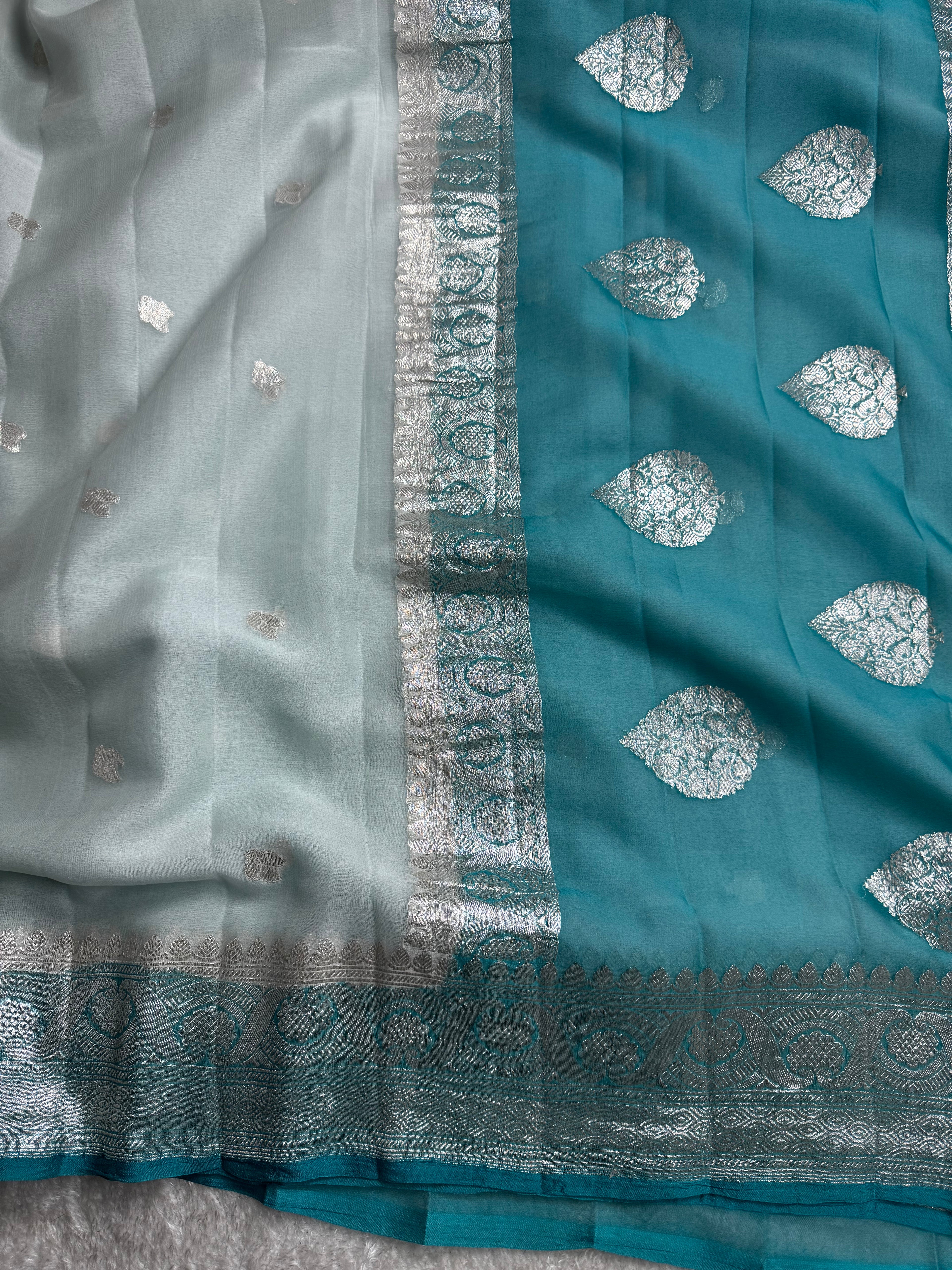 Deep Sea Green & Light Sea Green Pure khaddi Chiffon Silk Banarasi Border Booti Saree