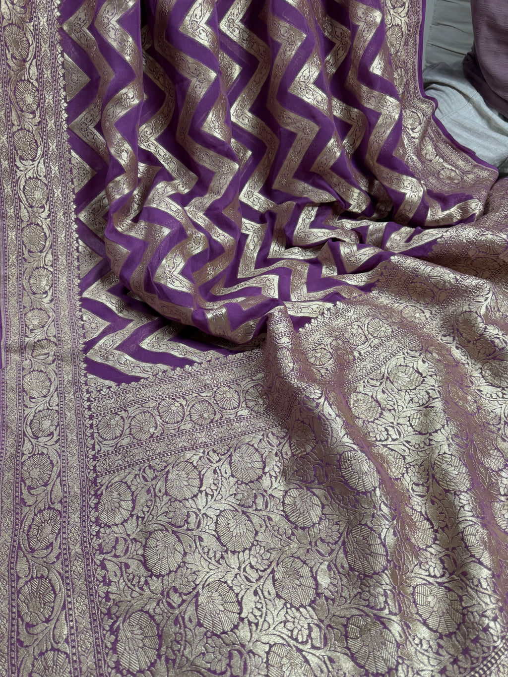 Regel Purple Pure Khaddi Georgette Silk Banarasi Stripe Saree
