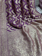 Regel Purple Pure Khaddi Georgette Silk Banarasi Stripe Saree