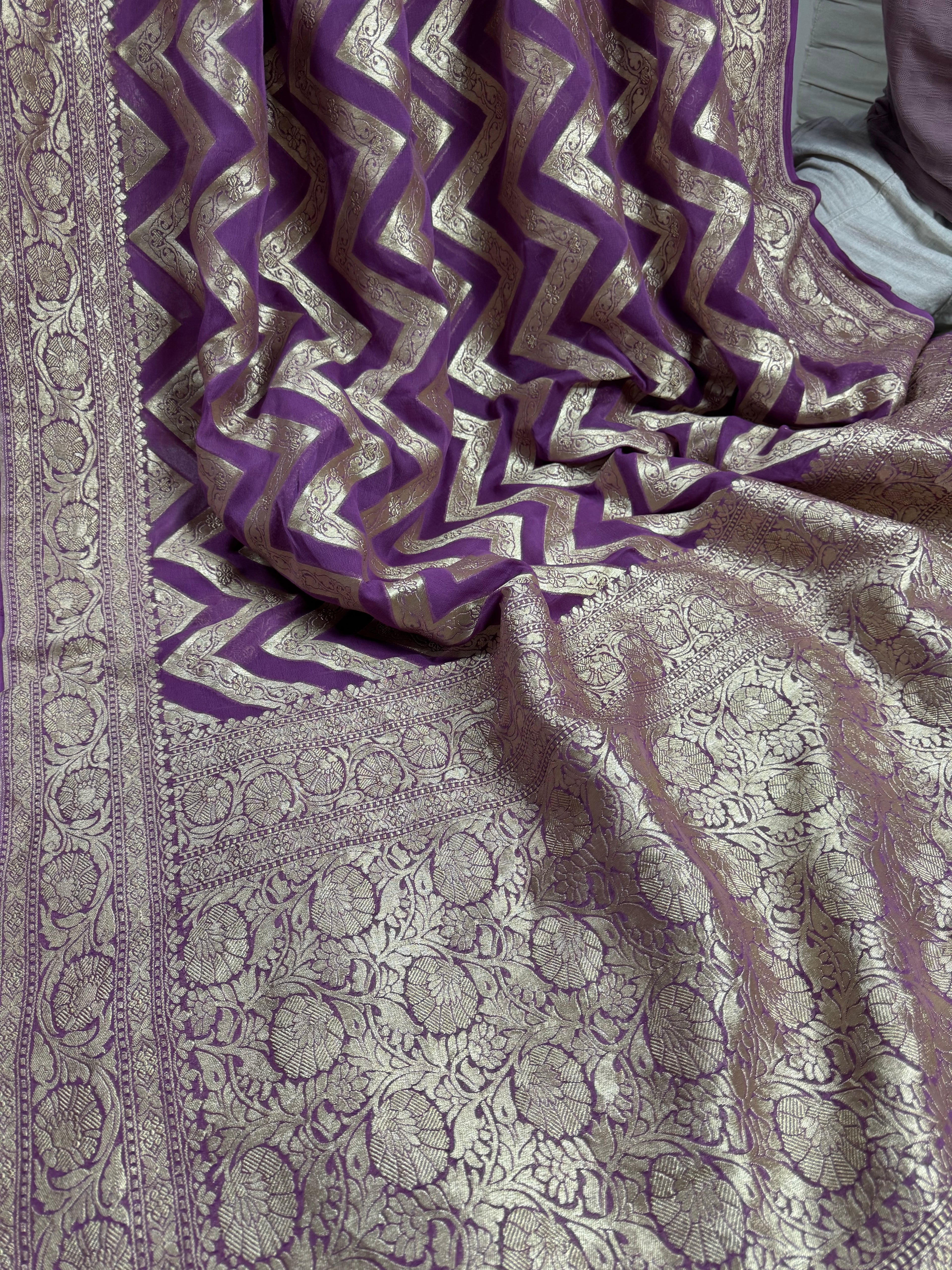 Regel Purple Pure Khaddi Georgette Silk Banarasi Stripe Saree