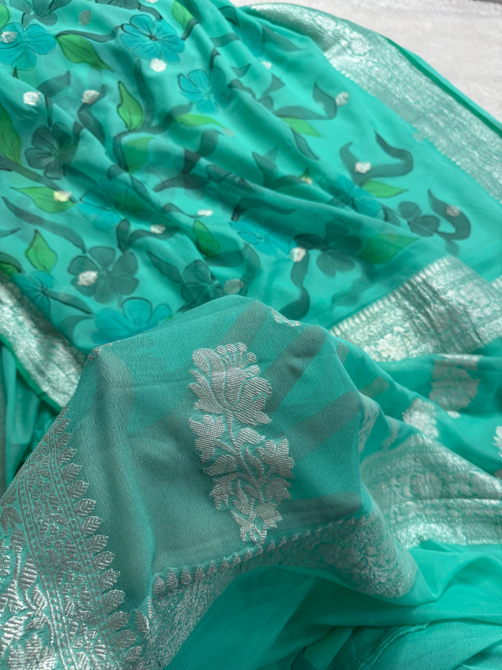 Sea Green Handbrush Pure Khaddi Chiffon Silk Banarasi Saree