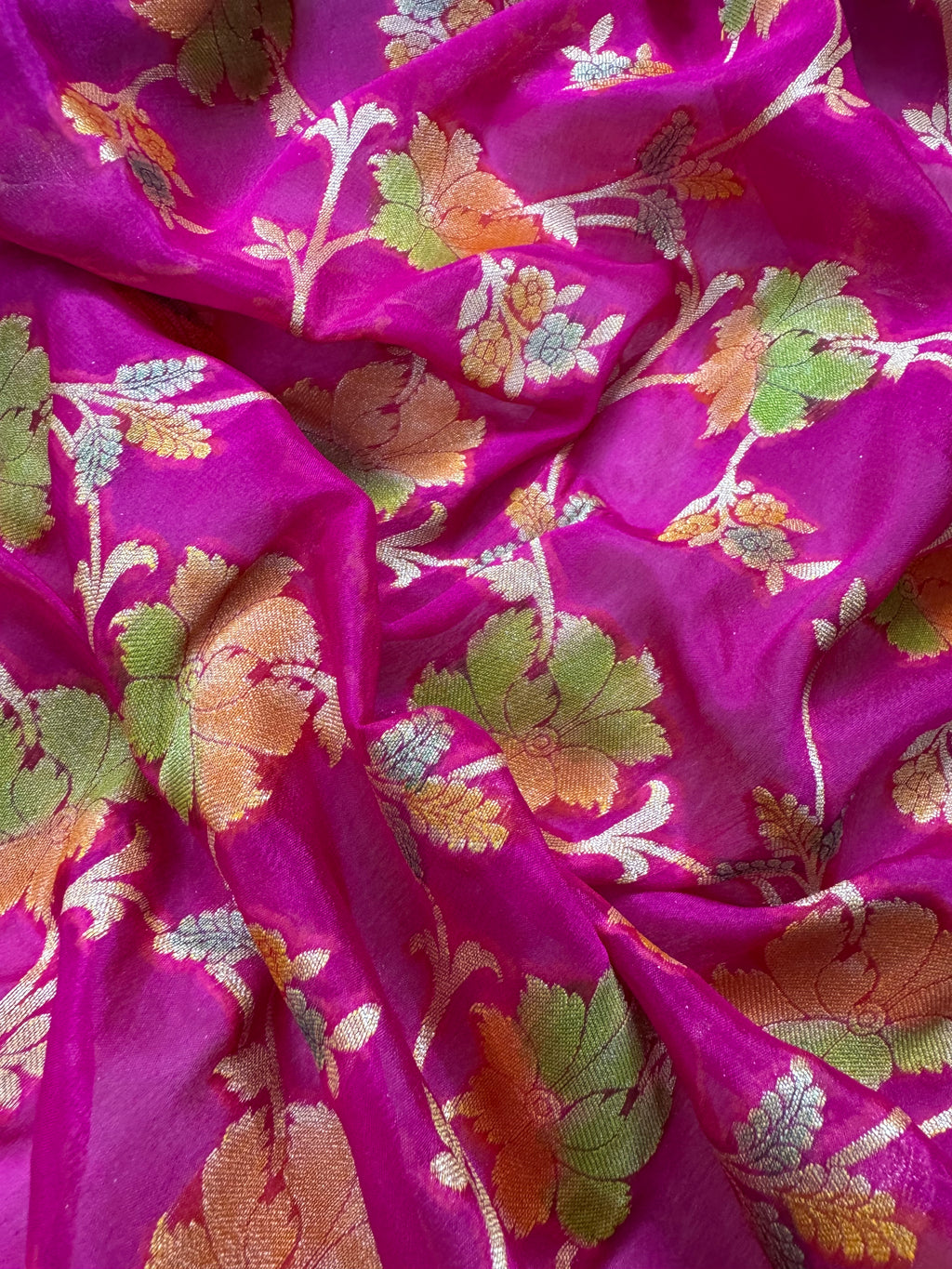 Rani Pink Handbrush Meenakari Pure Chiffon Silk Banarasi Saree