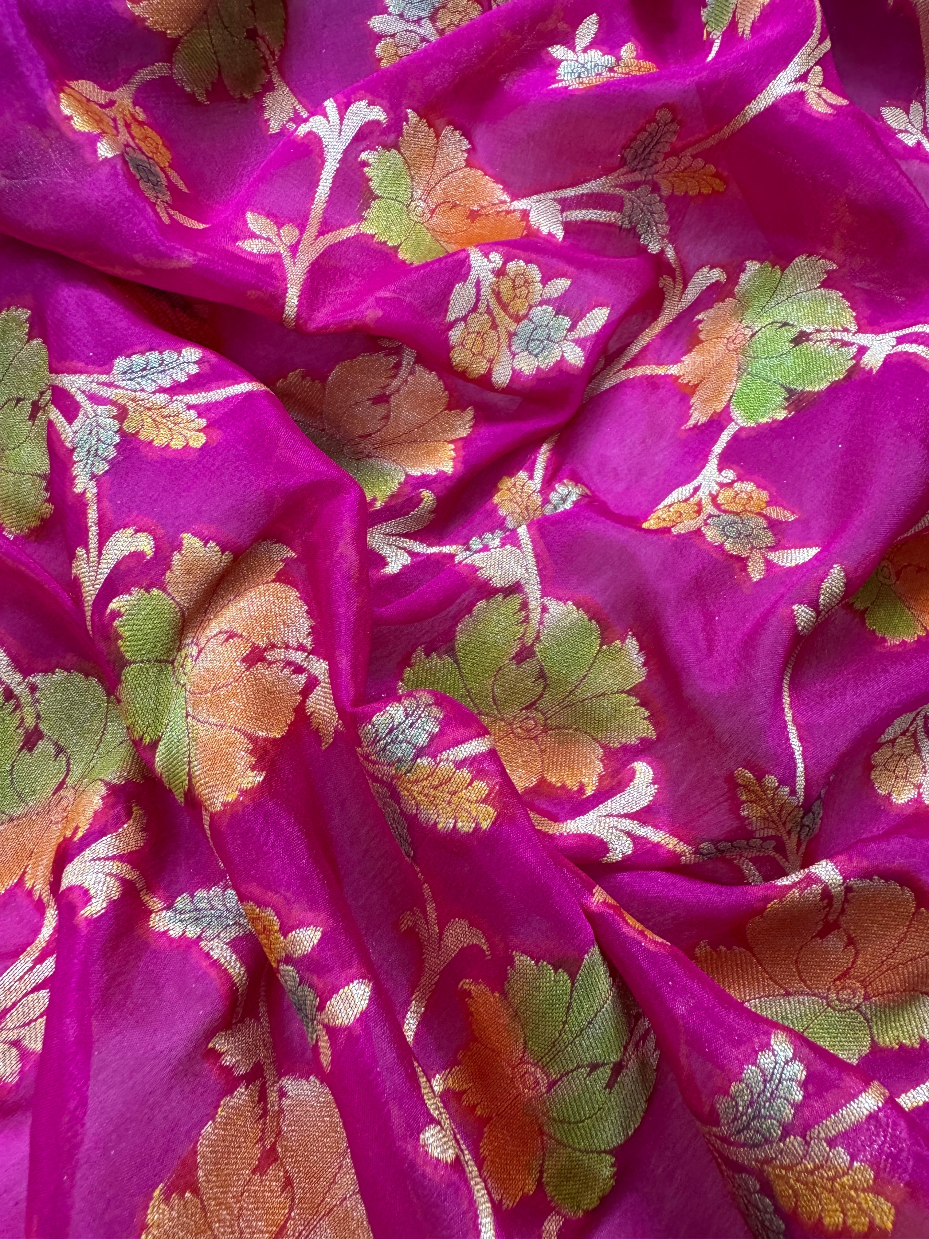 Rani Pink Handbrush Meenakari Pure Chiffon Silk Banarasi Saree