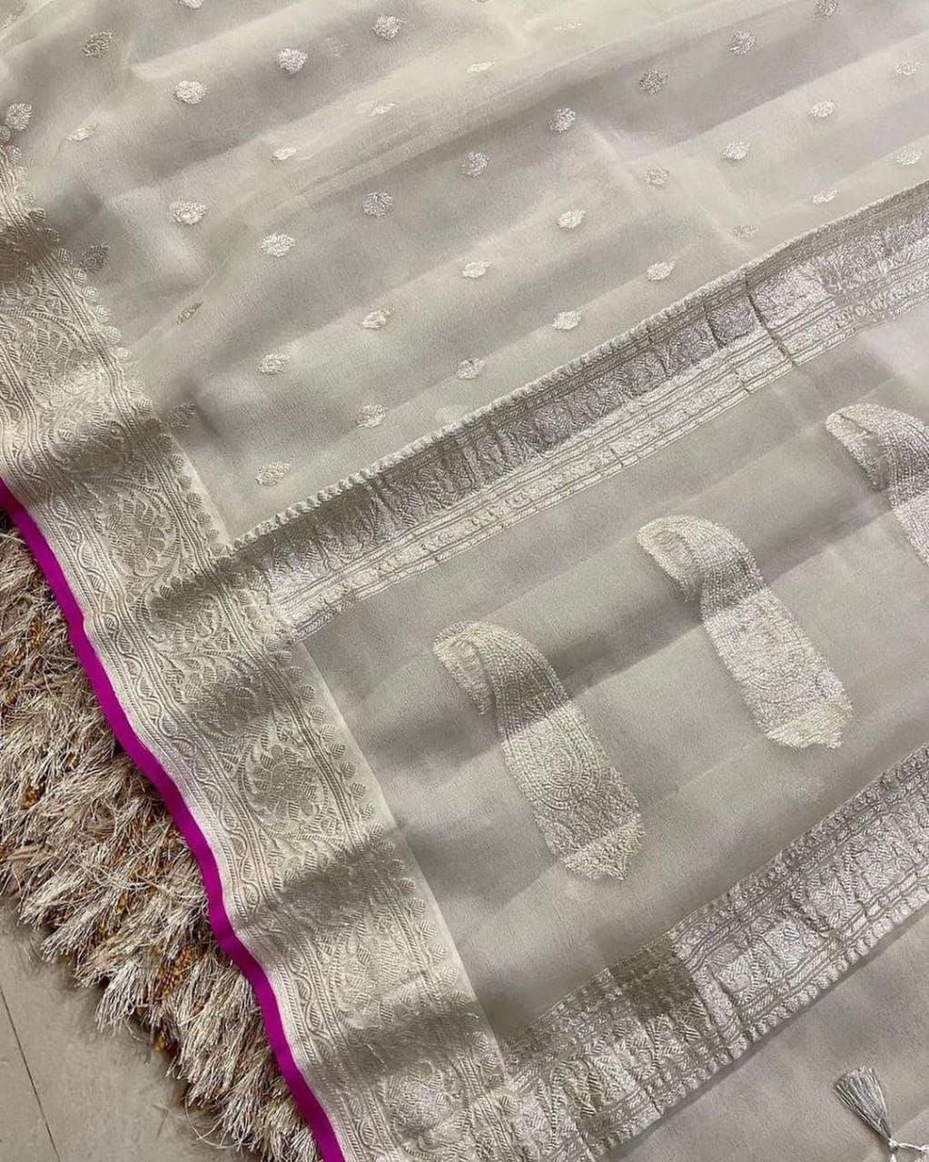 Ivory & Rani Pink Pure Khaddi Chiffon Silk Banarasi Saree