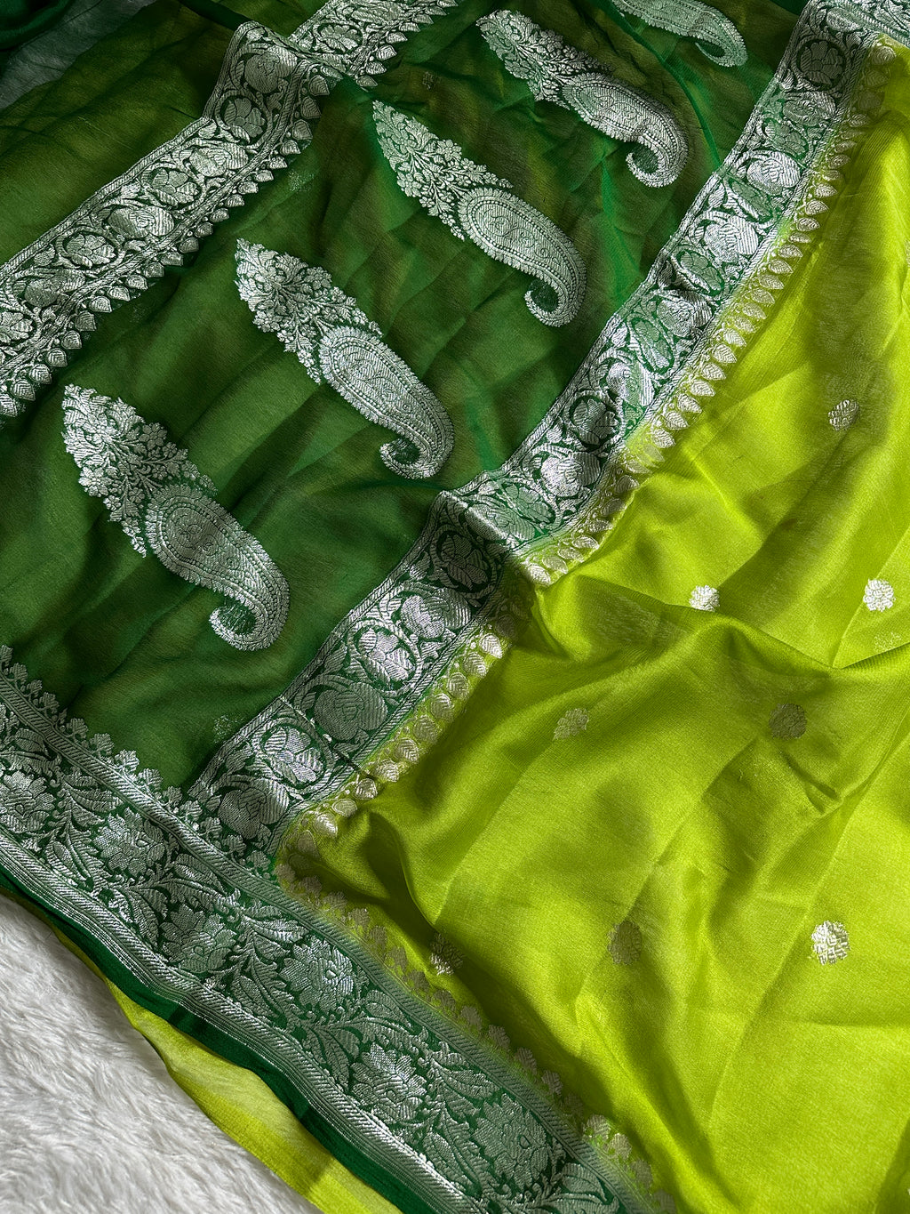 Green & Dark Green Pure Khaddi Chiffon Silk Banarasi Saree