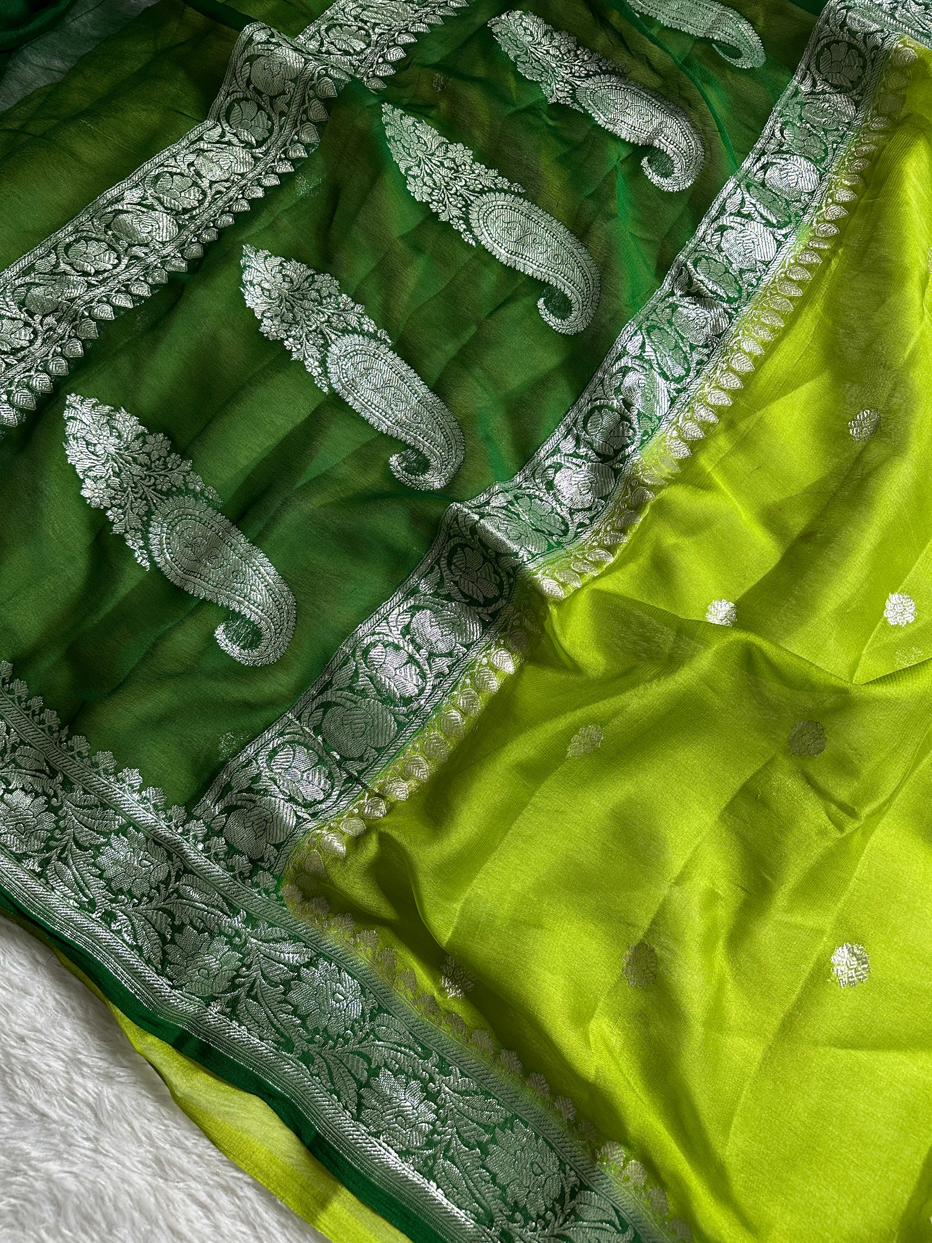 Green & Dark Green Pure Khaddi Chiffon Silk Banarasi Saree