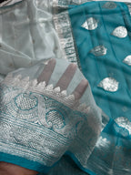 Deep Sea Green & Light Sea Green Pure khaddi Chiffon Silk Banarasi Border Booti Saree