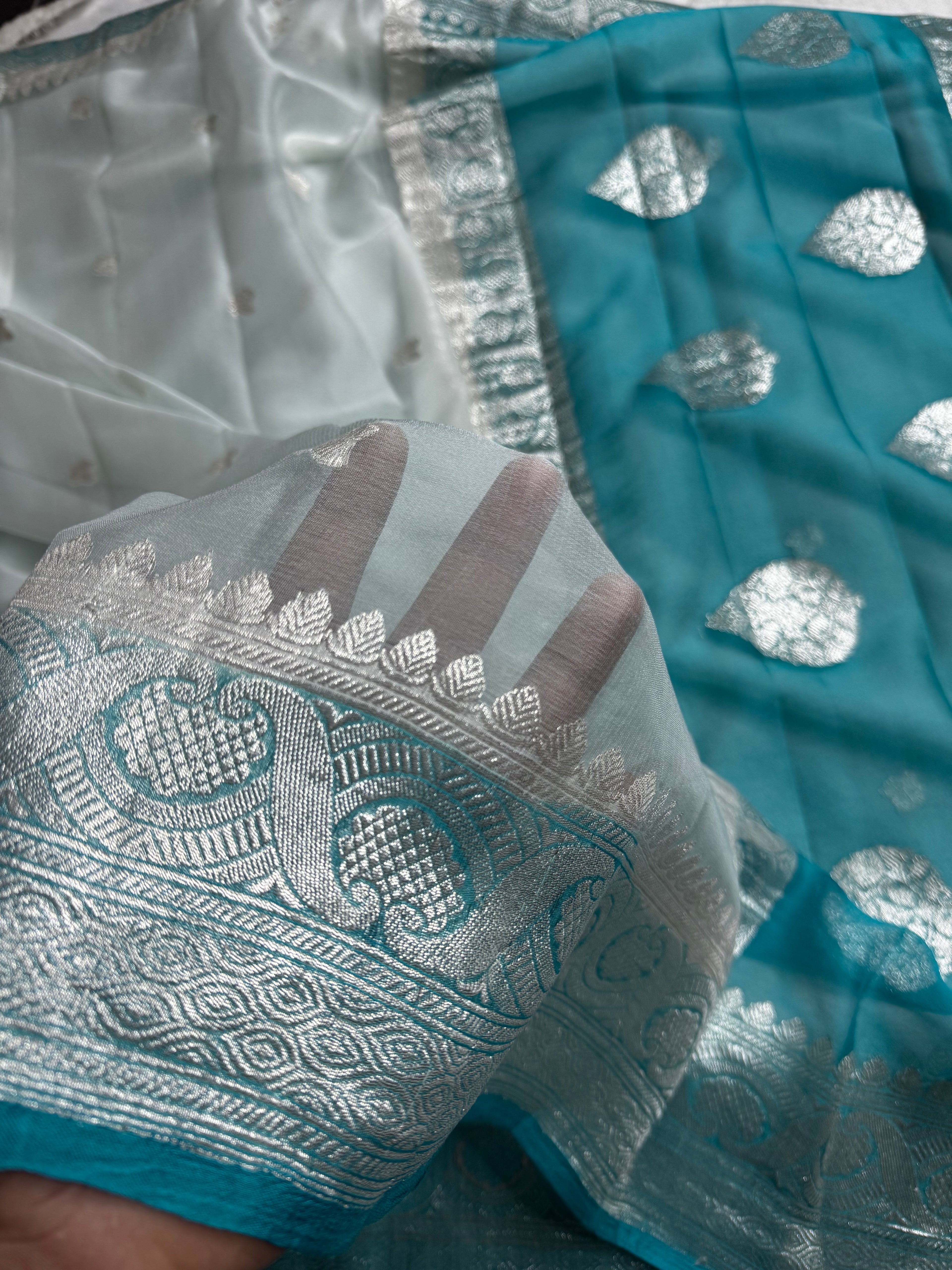 Deep Sea Green & Light Sea Green Pure khaddi Chiffon Silk Banarasi Border Booti Saree