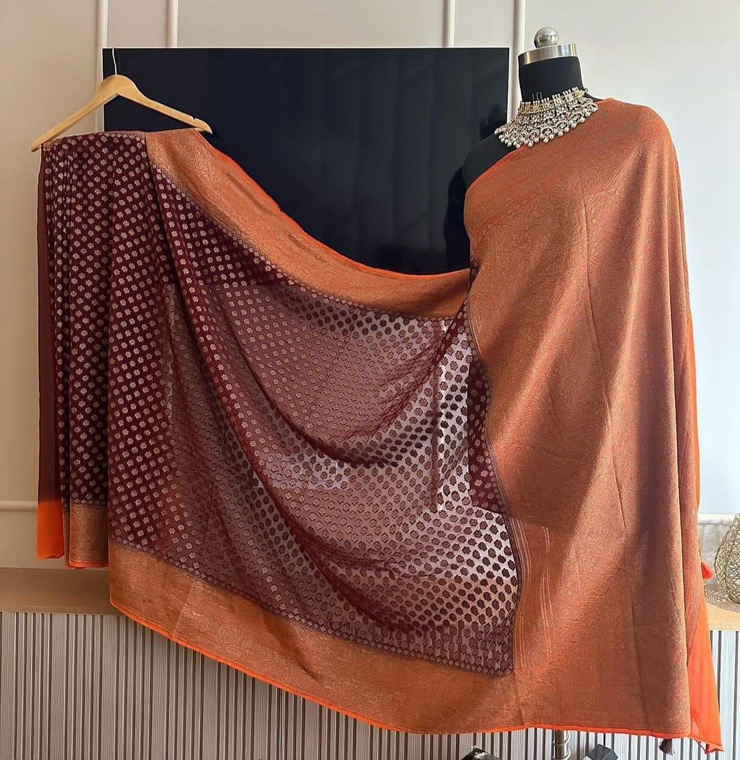 Wine & Rust Orange Pure Khaddi Georgette Silk Banarasi Booti Saree