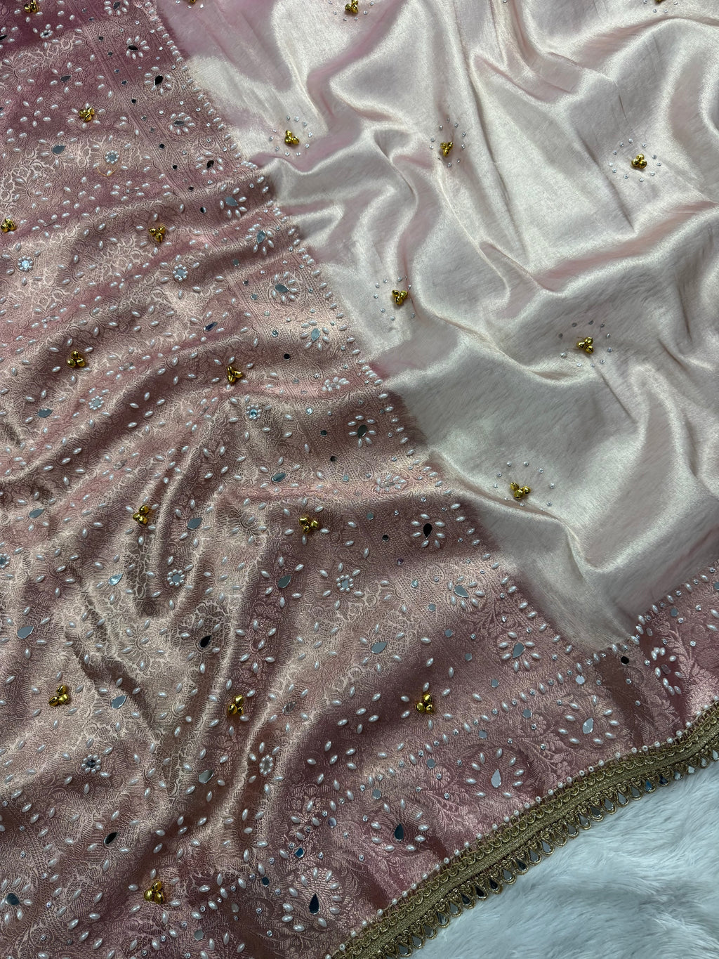 Rose Pink Tissue Silk Saree With Ghungroo & Mirror Work Designer Border Lace Saree