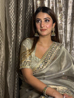 Moonlight Grey Banarasi Rajkumari Mirror Work Tissue Silk Saree