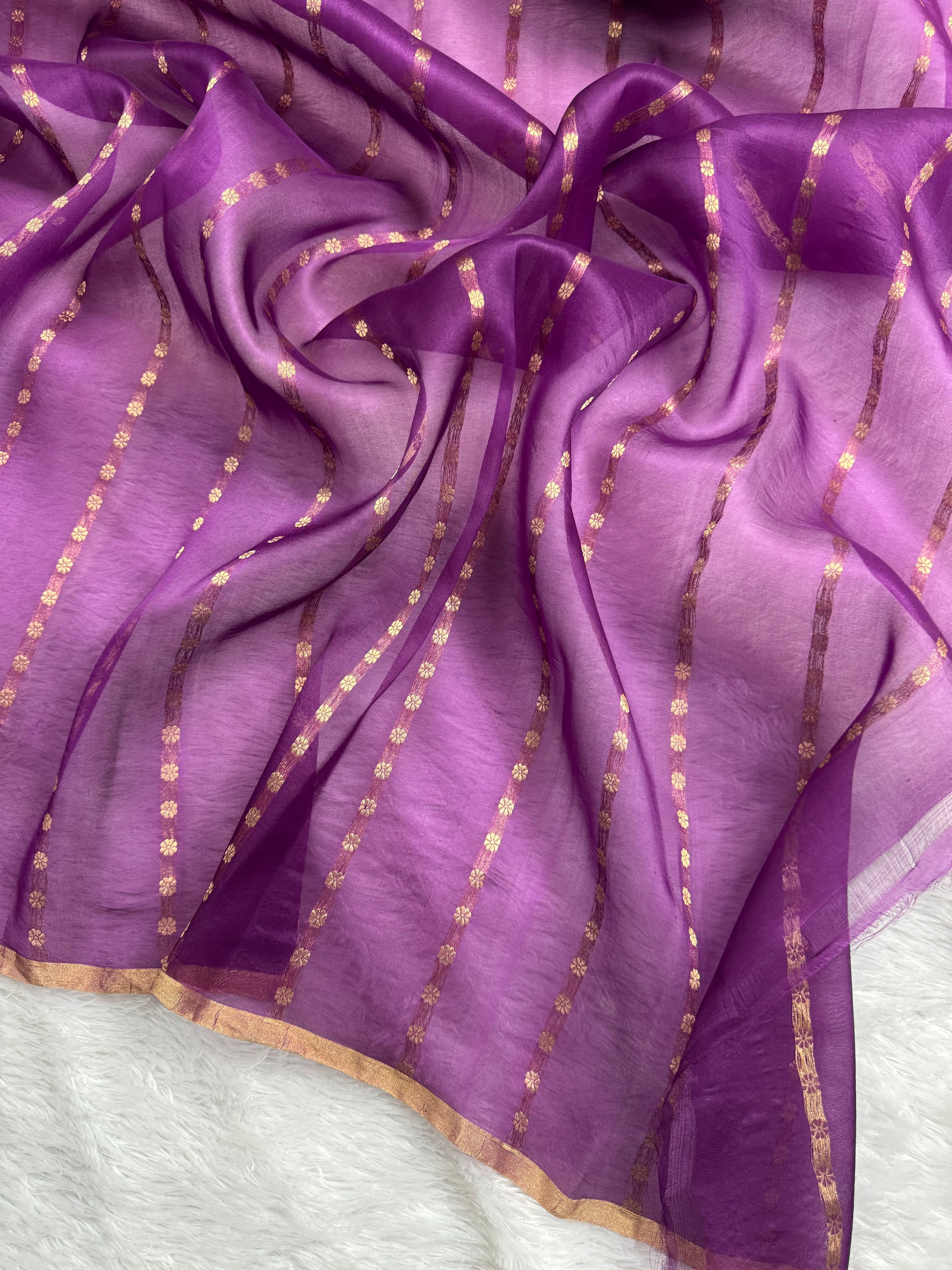 Magenta Pure Kora Organza Silk Banarasi Saree Sona & Roopa Stripe