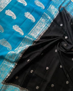 Firozi & Black Pure Khaddi Chiffon Silk Banarasi Saree