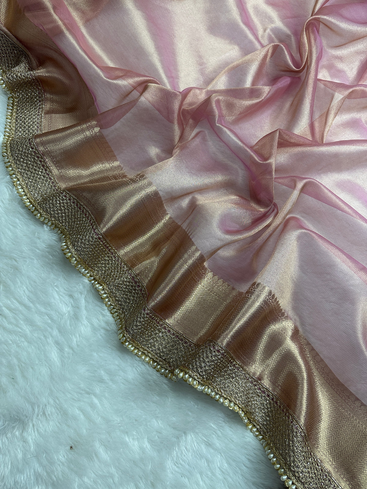 Blush Pink Beautiful Lace Border Tissue Silk Banarasi Saree