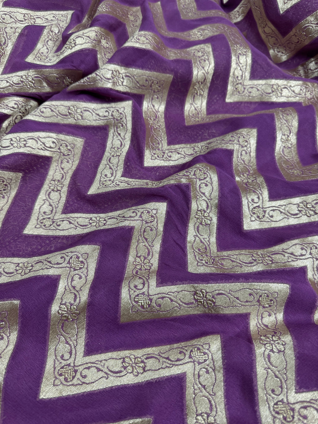 Regel Purple Pure Khaddi Georgette Silk Banarasi Stripe Saree