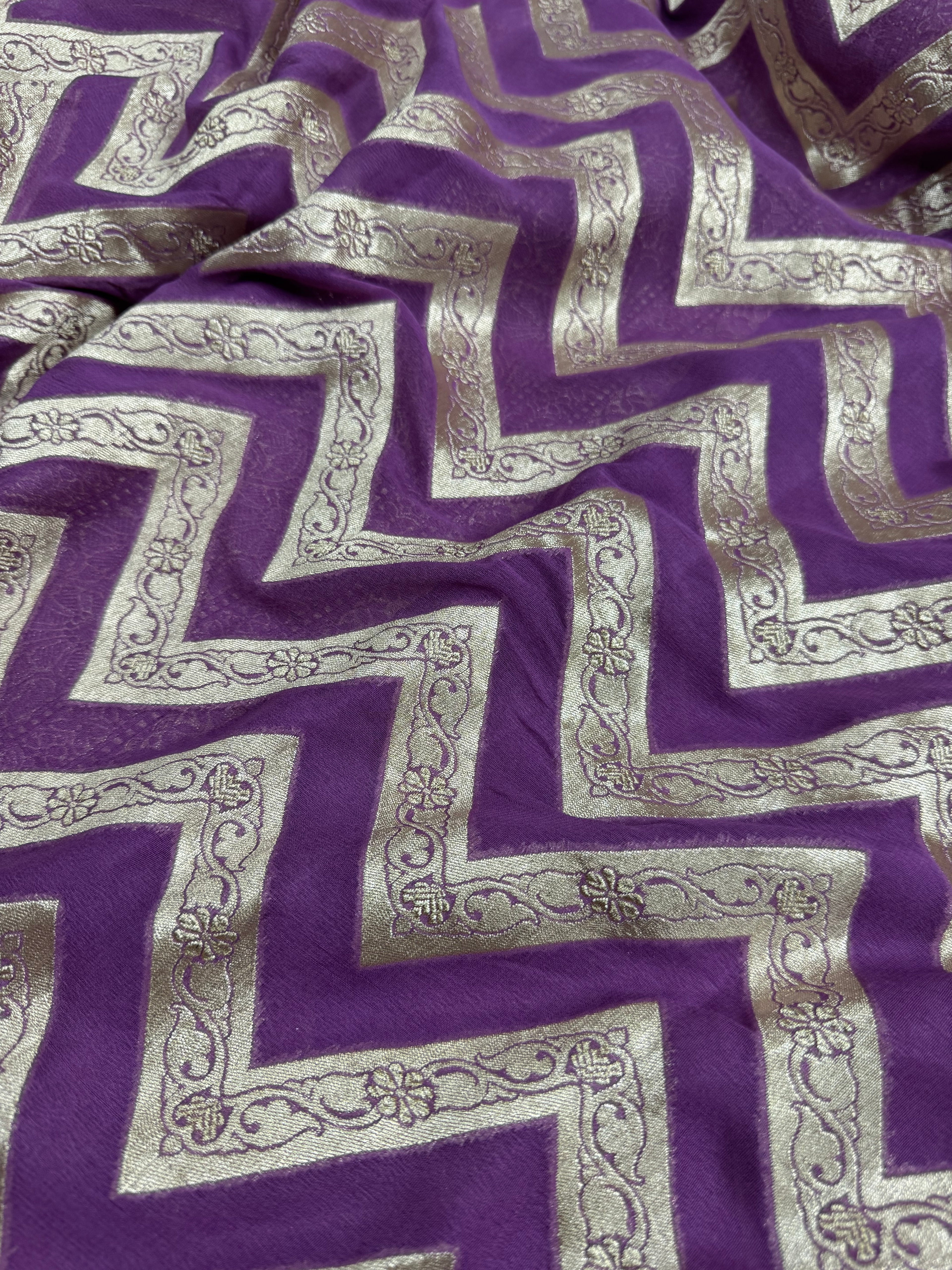 Regel Purple Pure Khaddi Georgette Silk Banarasi Stripe Saree