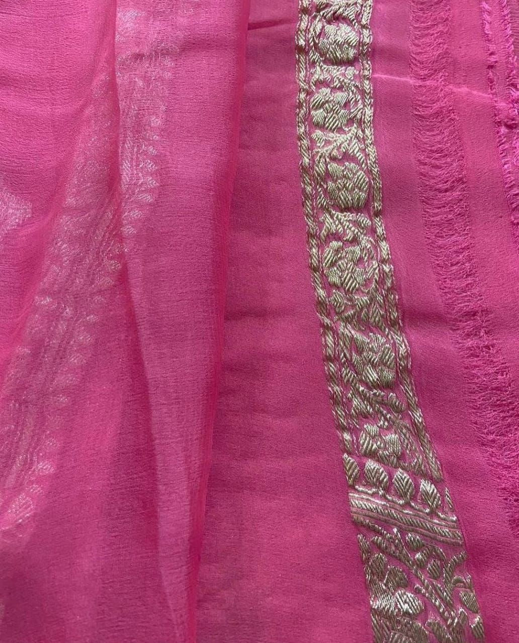 Mustard Orange & Rani Pink Pure Khaddi Chiffon Silk Banarasi Saree