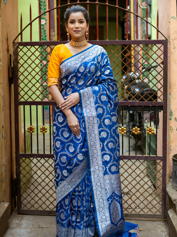 German Blue Mashru Kataan Silk Banarasi Saree