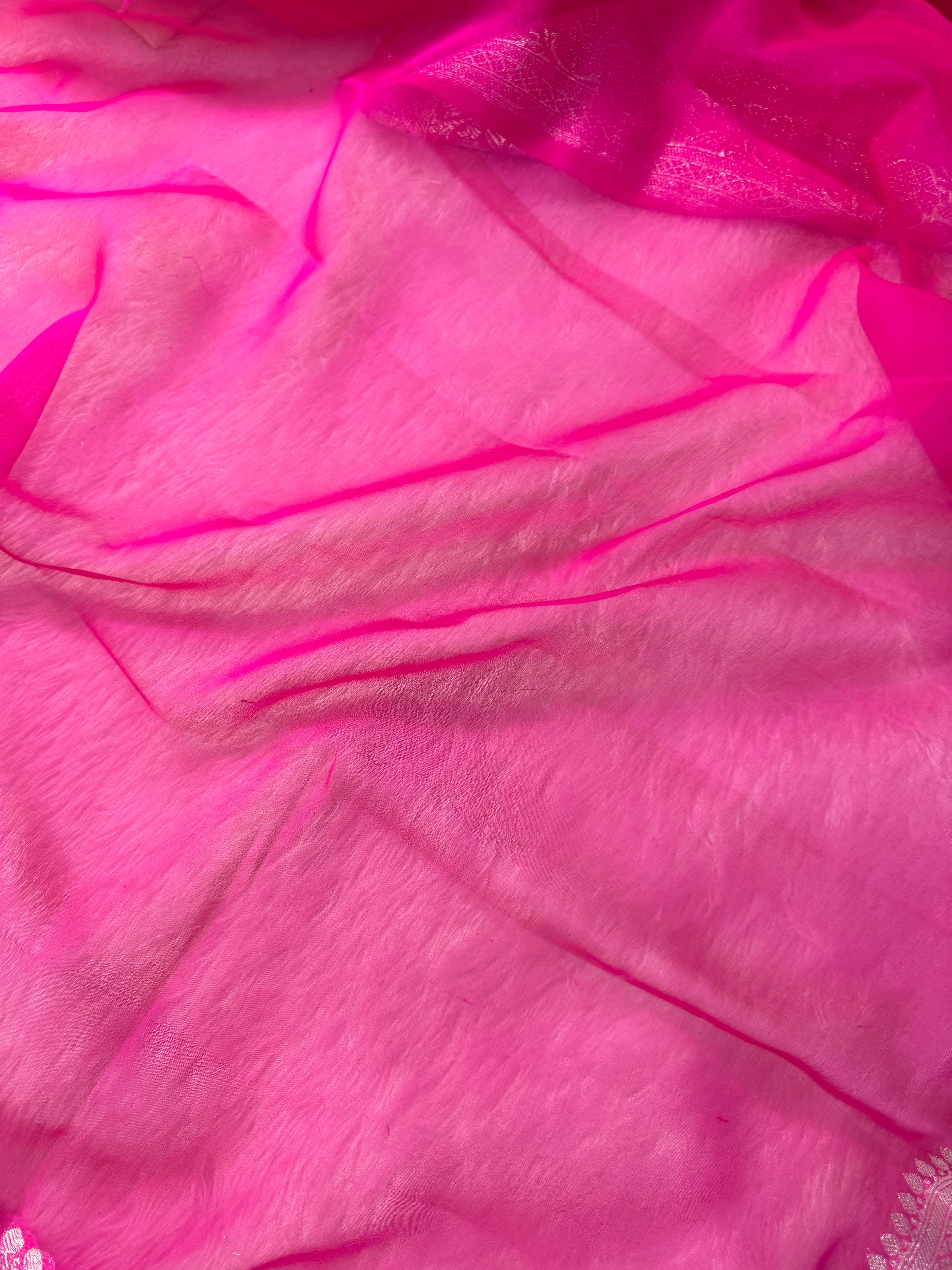 Hot Pink Pure Khaddi Chiffon Silk Banarasi Saree