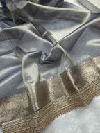 Grey Beautiful Lace Border Tissue Silk Banarasi Saree
