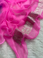 Firozi & Pink Pure Khaddi Chiffon Silk Banarasi Saree
