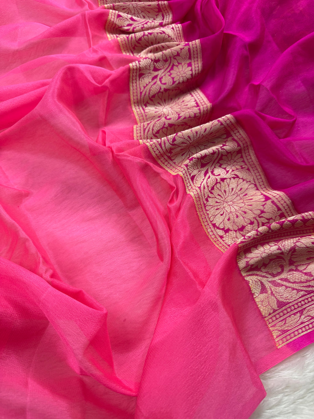 Rani & Pink Handbrush Meenakari Pure Chiffon Silk Banarasi Saree