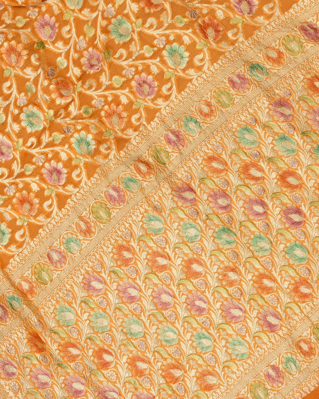 Mustard Orange With Handbrush Pure Khaddi Georgette Silk Banarasi Saree