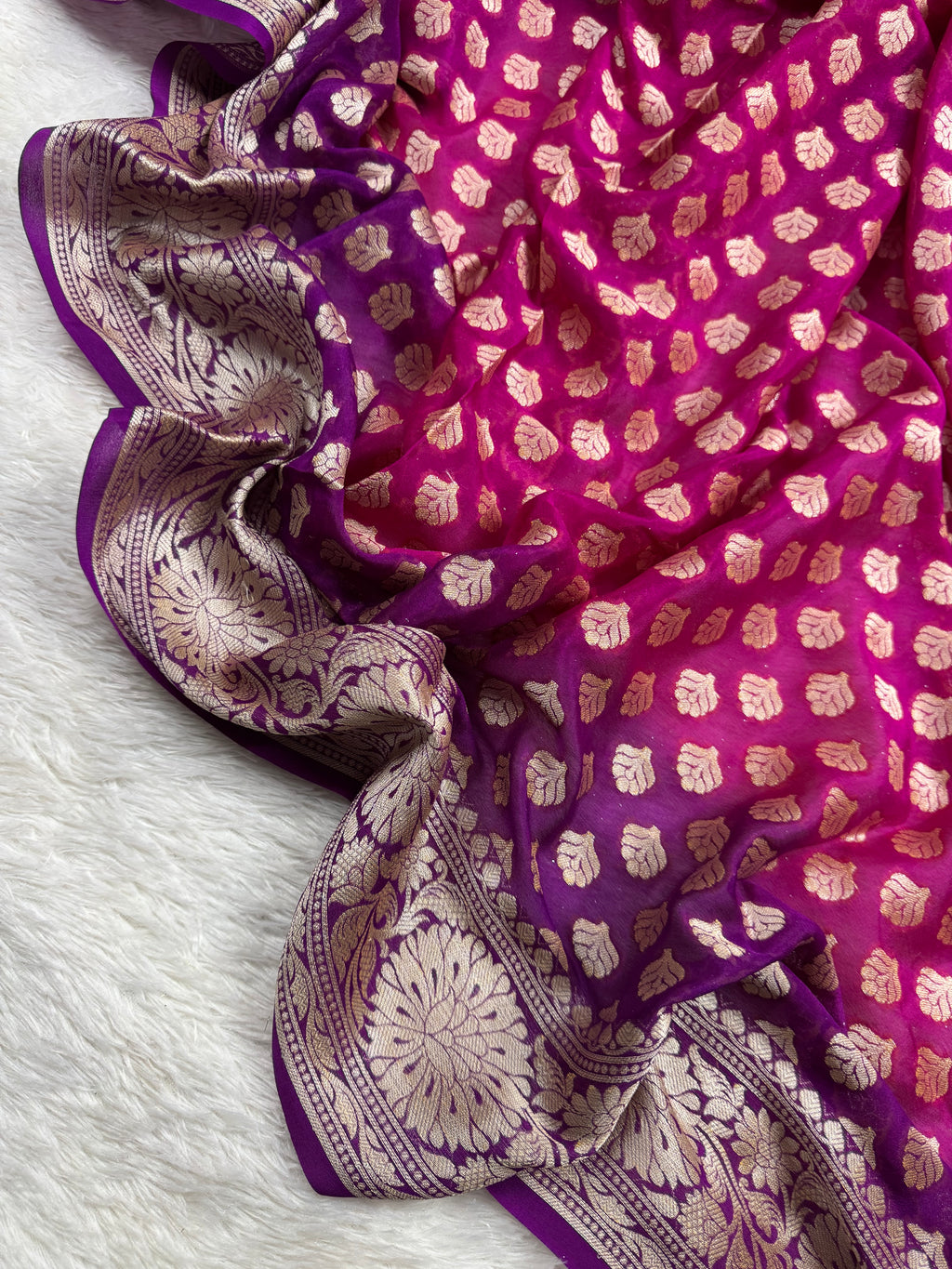 Rani & Purple Bhandej Dye Pure Chiffon Silk Banarasi Saree