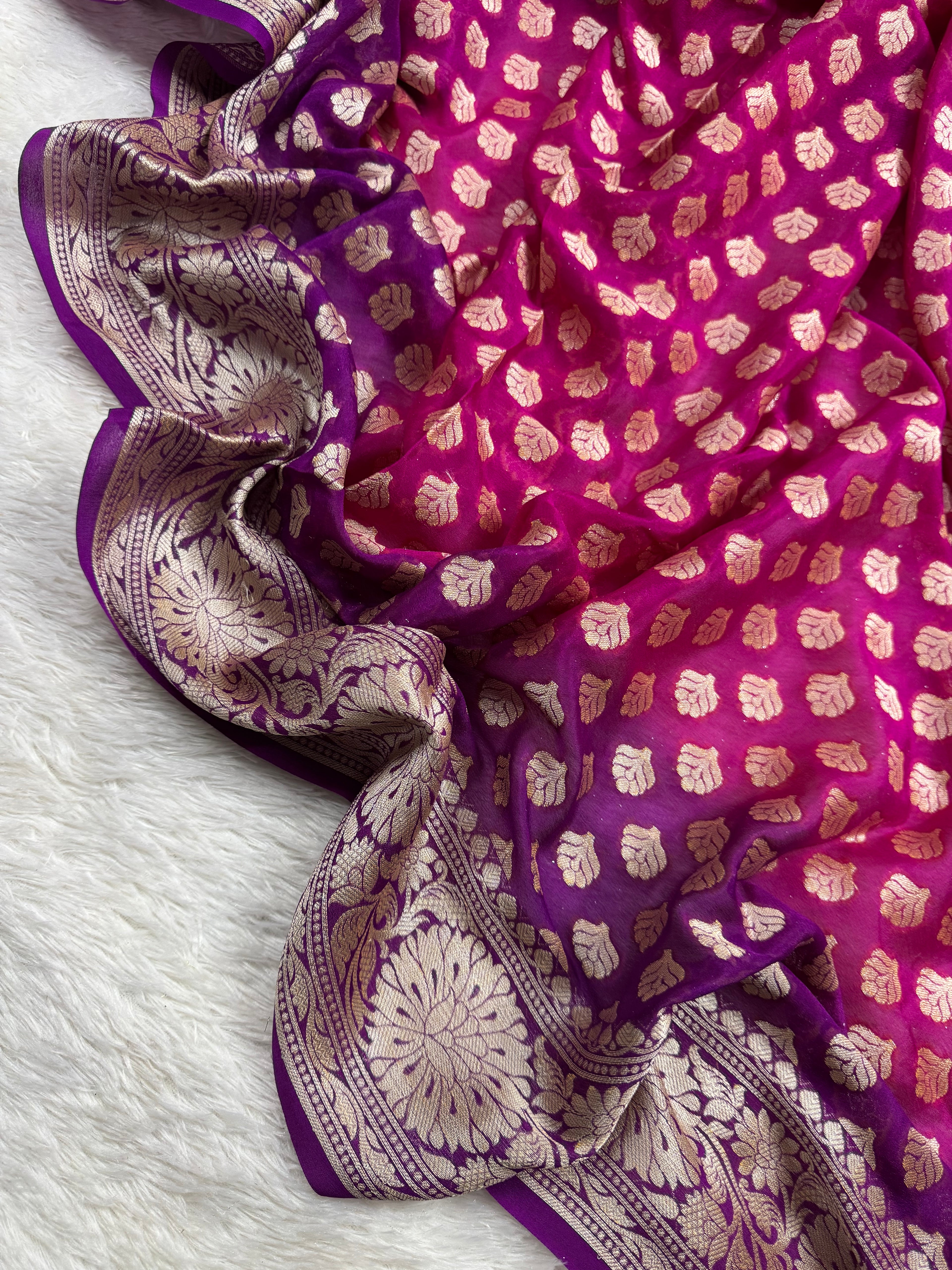 Rani & Purple Bhandej Dye Pure Chiffon Silk Banarasi Saree