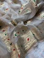 Natural Pure Khaddi Tissue Chiffon Water & Roopa Zari Meenakari Banarasi Saree