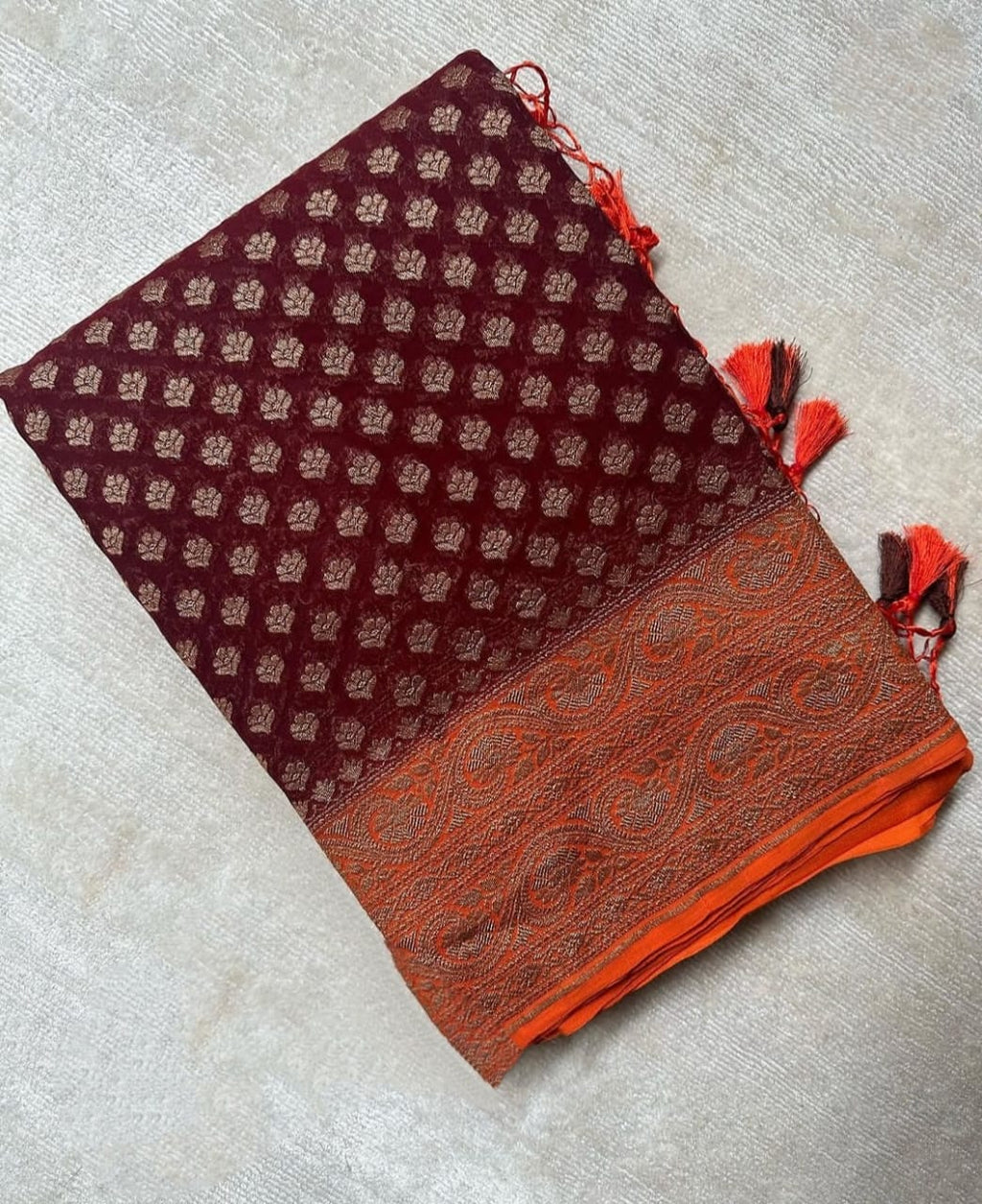 Wine & Rust Orange Pure Khaddi Georgette Silk Banarasi Booti Saree