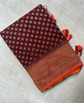 Wine & Rust Orange Pure Khaddi Georgette Silk Banarasi Booti Saree