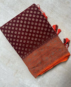 Wine & Rust Orange Pure Khaddi Georgette Silk Banarasi Booti Saree