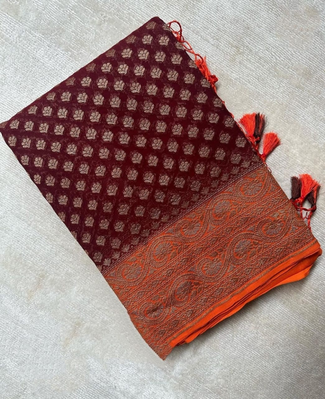 Wine & Rust Orange Pure Khaddi Georgette Silk Banarasi Booti Saree