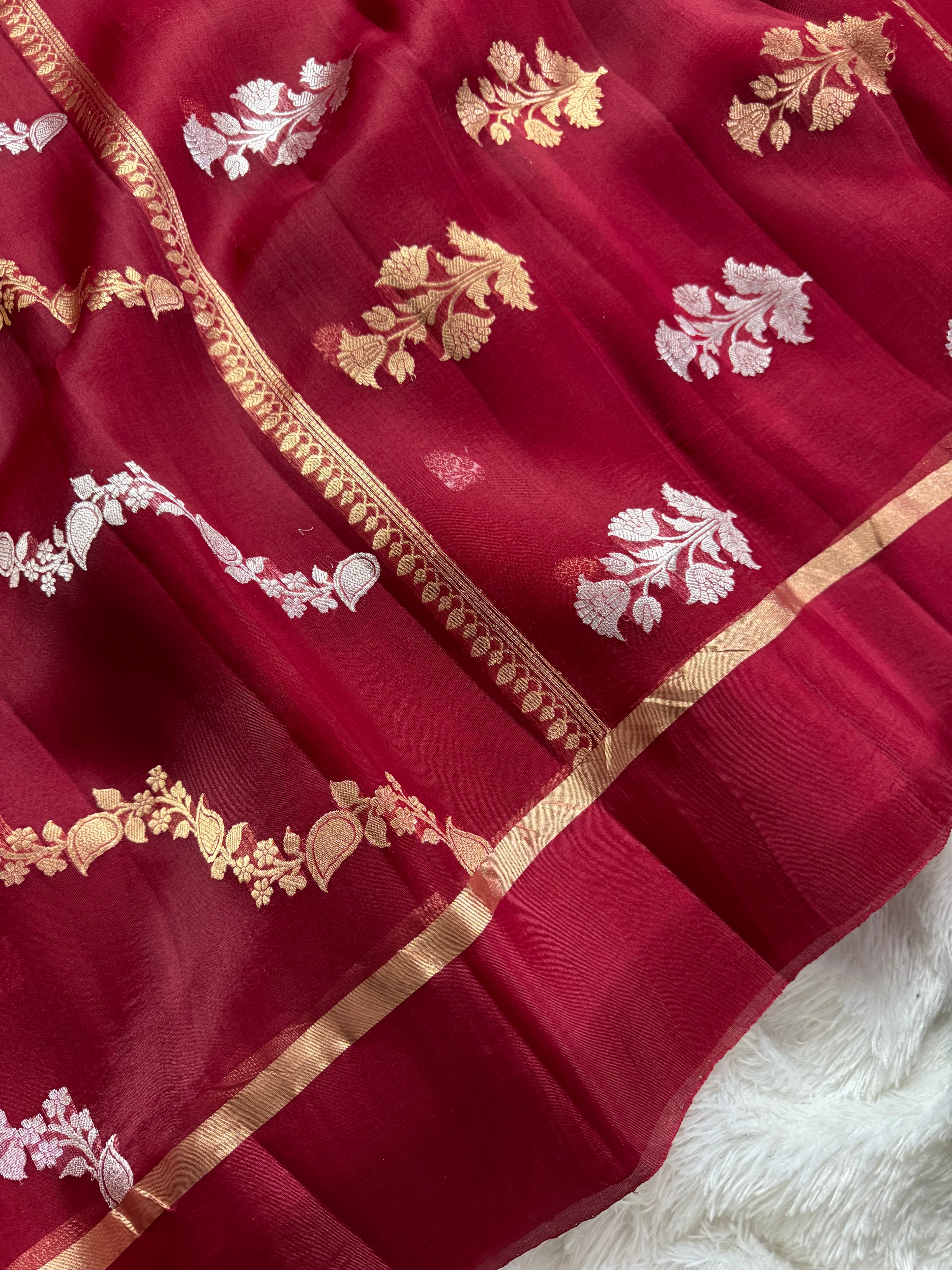 Maroon Stripe Sona & Roopa Pure Kora Organza Silk Banarasi Saree