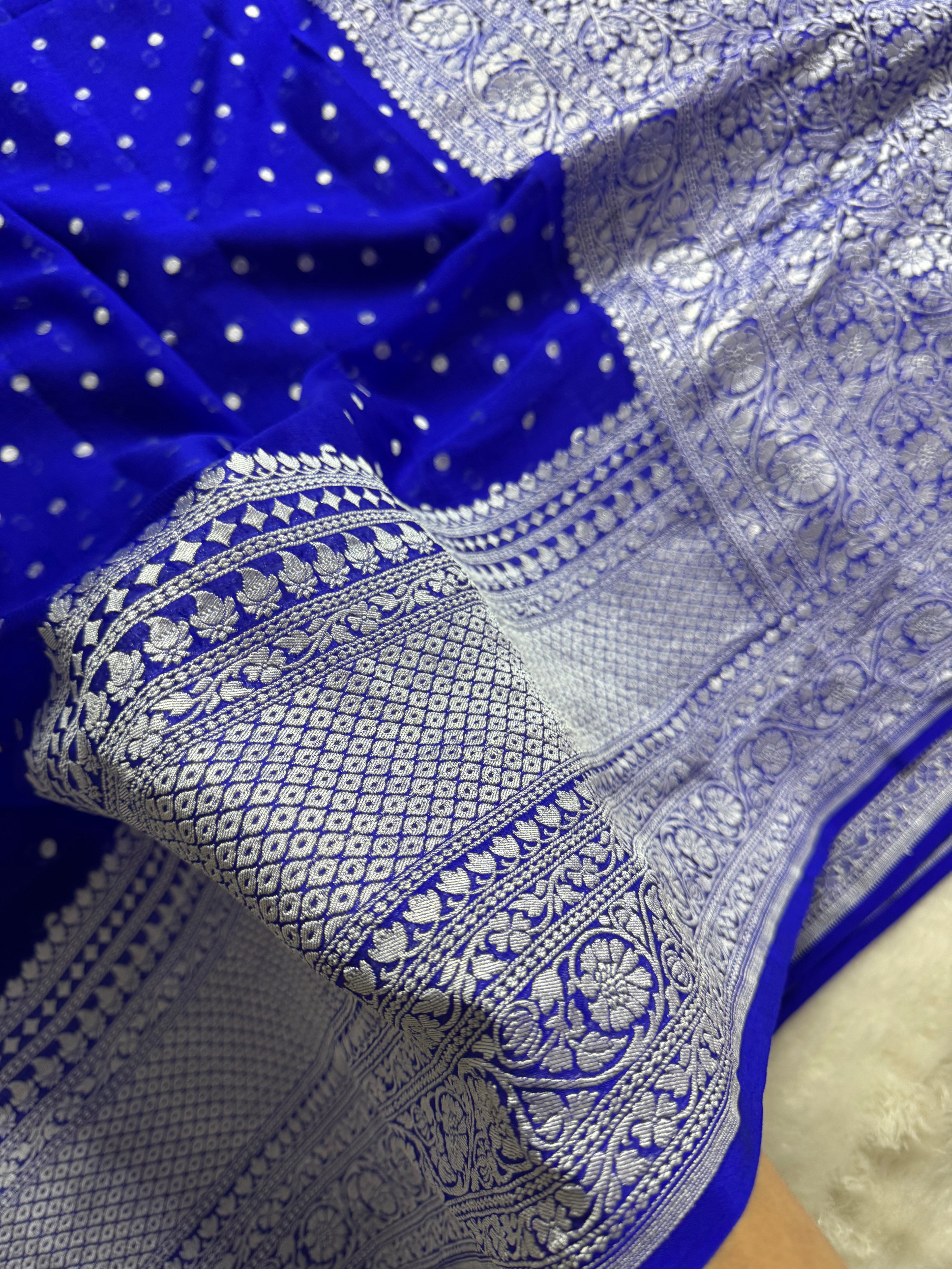 Royal Blue Pure Khaddi Georgette Silk Banarasi Mutter Dana Saree