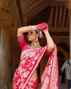 Rani Pink With Handbrush Pure Khaddi Georgette Silk Banarasi Saree